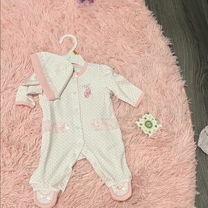 Little Me Pink and White Baby Footie with Hat